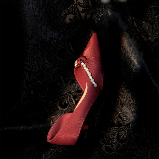 Women's Red Satin Pointed High Stiletto Twisted Women's Shoes