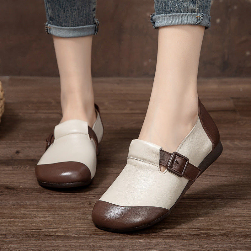 Women's Simple Big Head Flat Buckle Bottom Leather Shoes