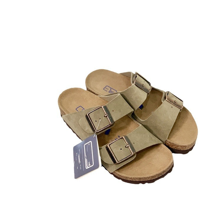 Women's & Men's Summer Cowhide Cork Two-word Platform Outerwear Slippers