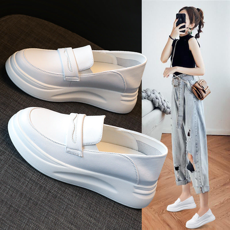 Women's Small Thick Bottom Slip-on Lazy Low-cut White Leather Shoes
