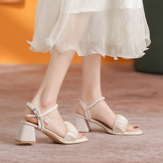 Women's Fairy Style Elegant High Pearl Bow Heels