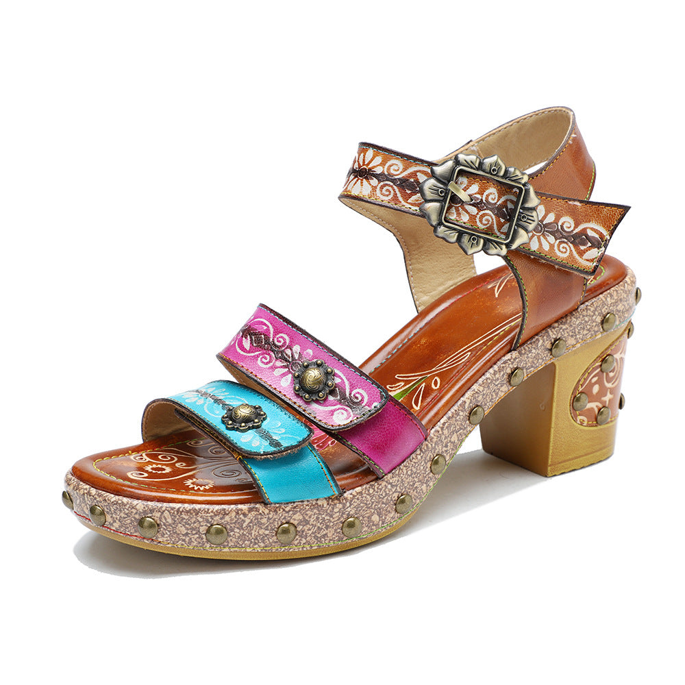 Color Retro Rivet Contrast Comfortable Chunky Heels