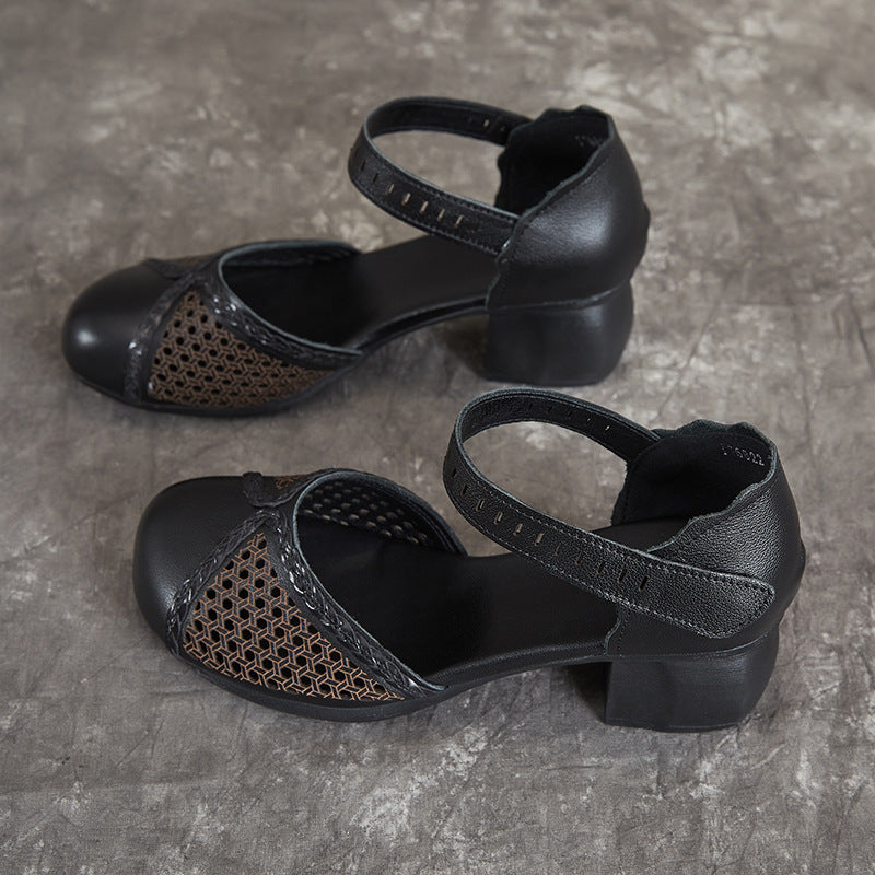 Women's Summer Top Layer Cowhide Thick Soft Bottom Heels