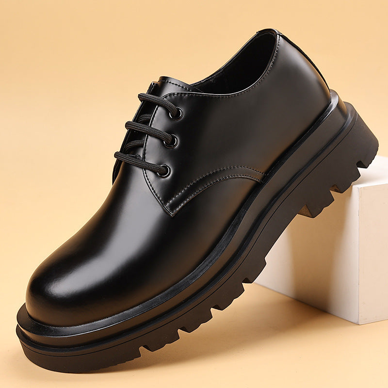 Men's Matte Polished Black Big Head Derby Retro Trendy Men's Casual Leather Shoes