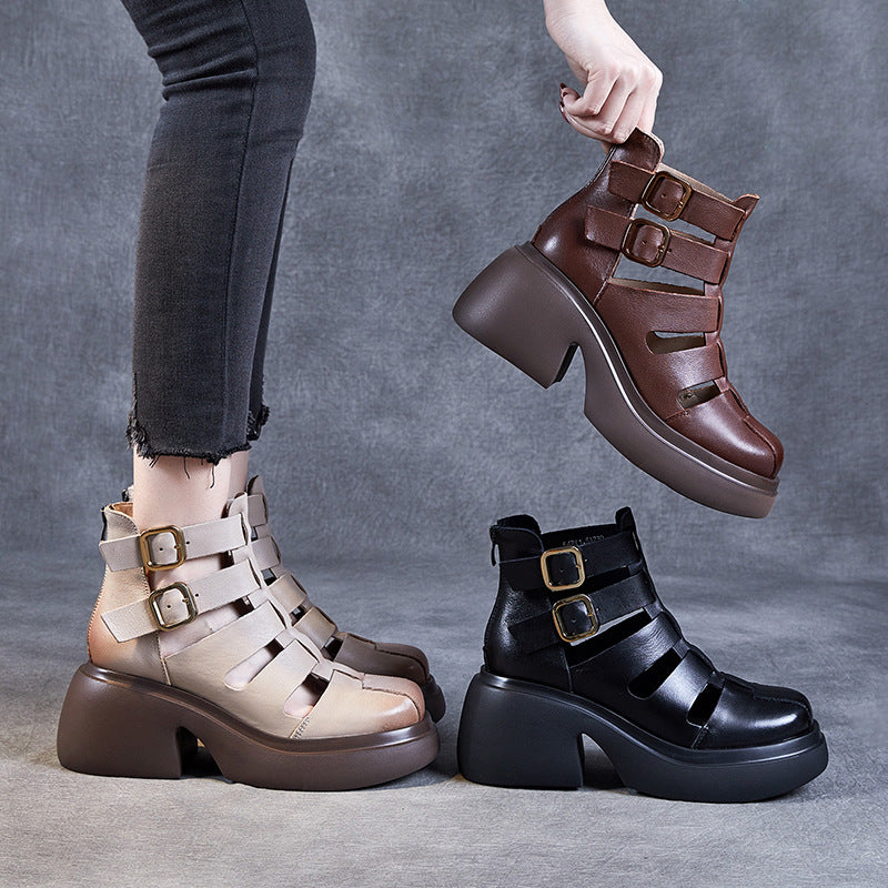 Women's Cowhide Summer Vintage Brogue Roman Subnet Sandals