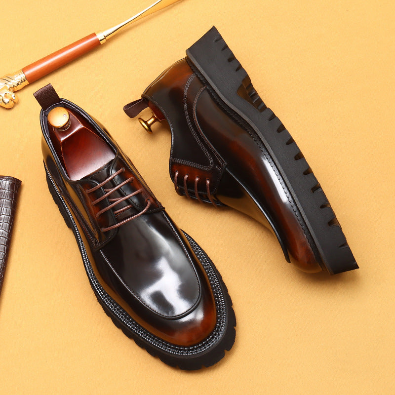 Men's Thick-soled Round Toe Bright Genuine Elevator Men's Business Leather Shoes