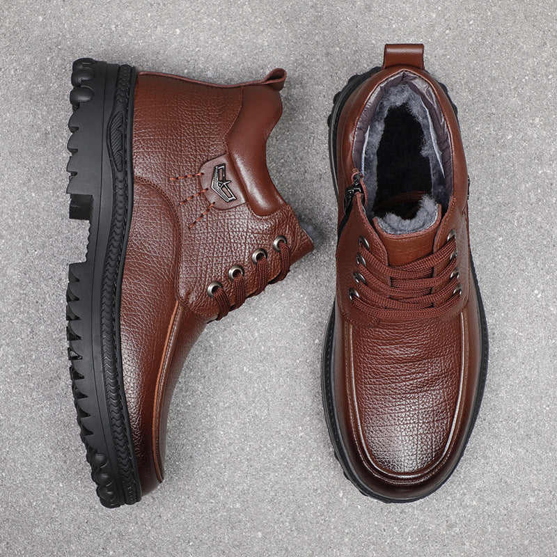 Men's Layer Cowhide Wool Real With Fleece Lining Insulated Dad Men's Shoes