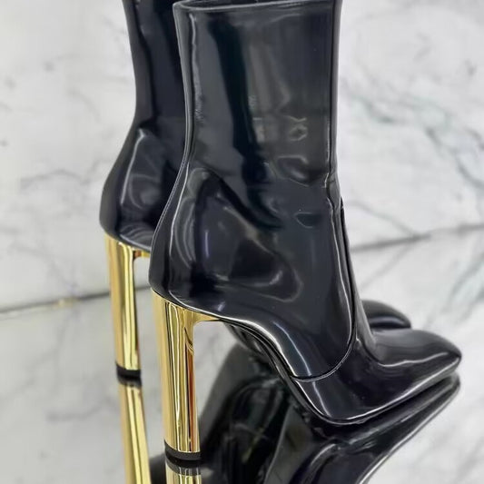 Mirror Patent Pointed Ankle Side Zip Cowhide Heels