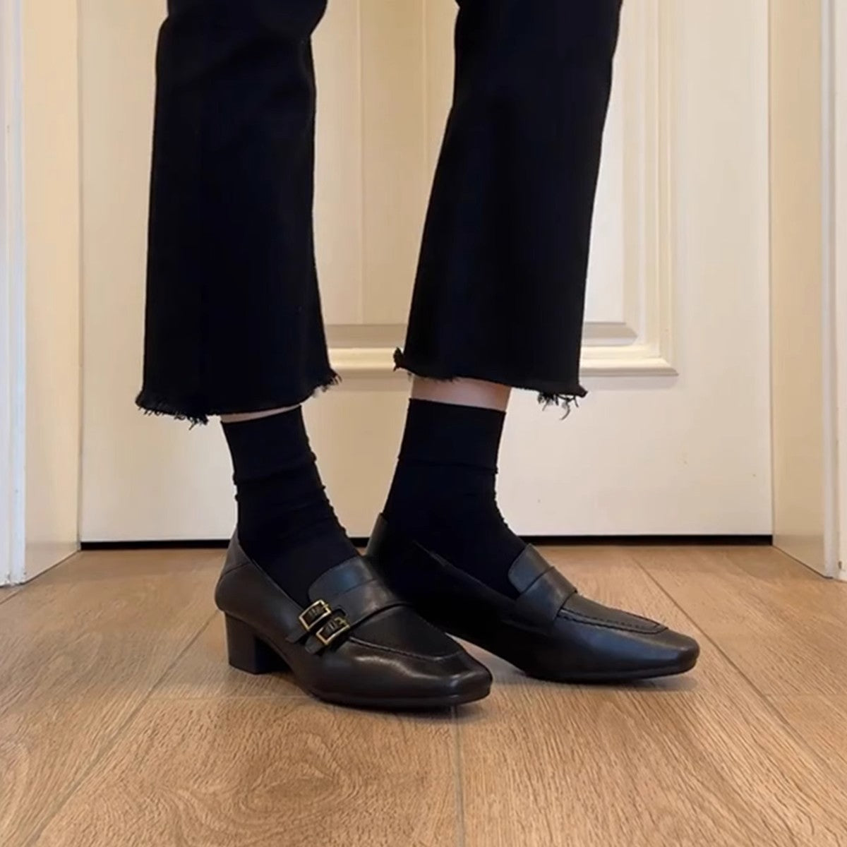 Women's Version Chunky One Pedal Black Belt Buckle Loafers