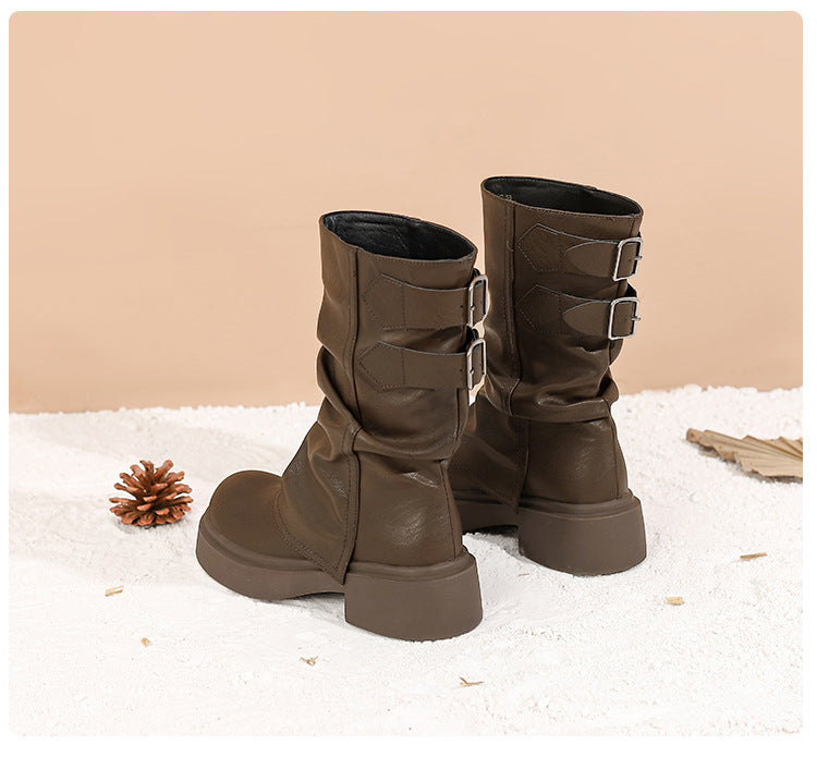Women's Waste Style Retro Big Head Pants Pipe Pleated Boots
