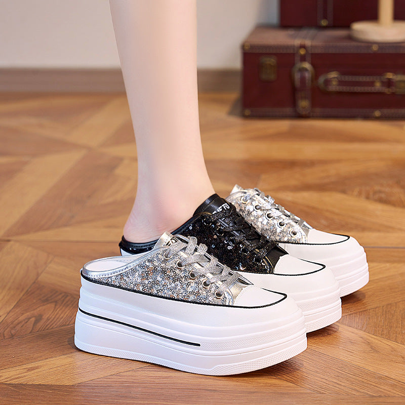 Women's Platform White Summer Breathable Half Genuine Sports Slippers