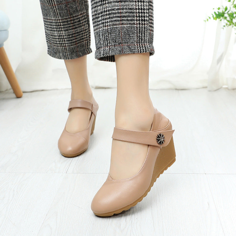 Women's High Wedge Cowhide Soft Bottom Cutout Breathable Sandals