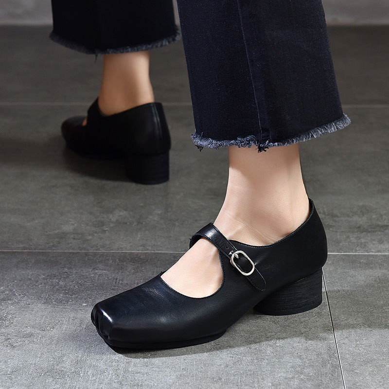 Women's Square Toe Vintage Mid Pig Nose Women's Shoes