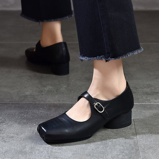 Women's Square Toe Vintage Mid Pig Nose Women's Shoes