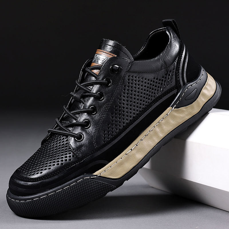 Men's Summer Hollow Breathable Genuine Cowhide Green Sneakers