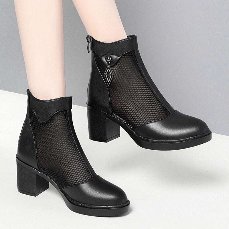 Women's Cowhide Mesh Medium Chunky Ankle Single Heels
