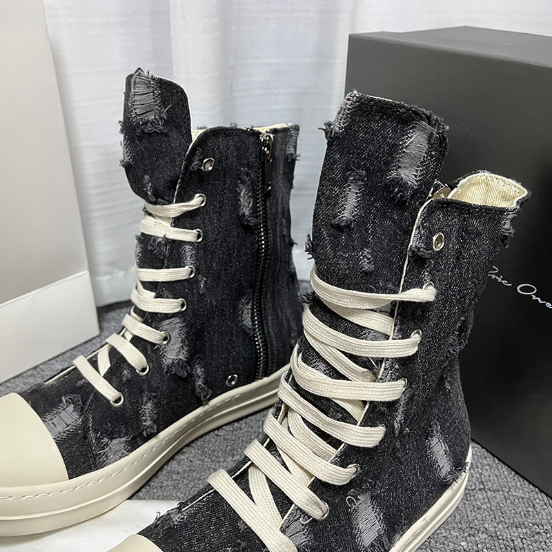 Women's & Men's Spring Ripped Denim Black White Milk Canvas Shoes