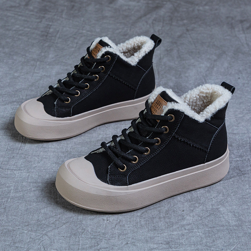 Women's Thick Fleece Warm Cowhide Vintage Platform Snow Boots