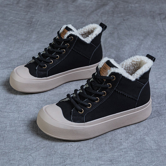 Women's Thick Fleece Warm Cowhide Vintage Platform Snow Boots
