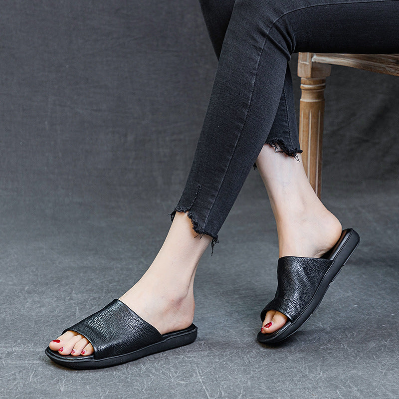Women's First Layer Cowhide Summer One-word Artistic Retro Outer Sandals