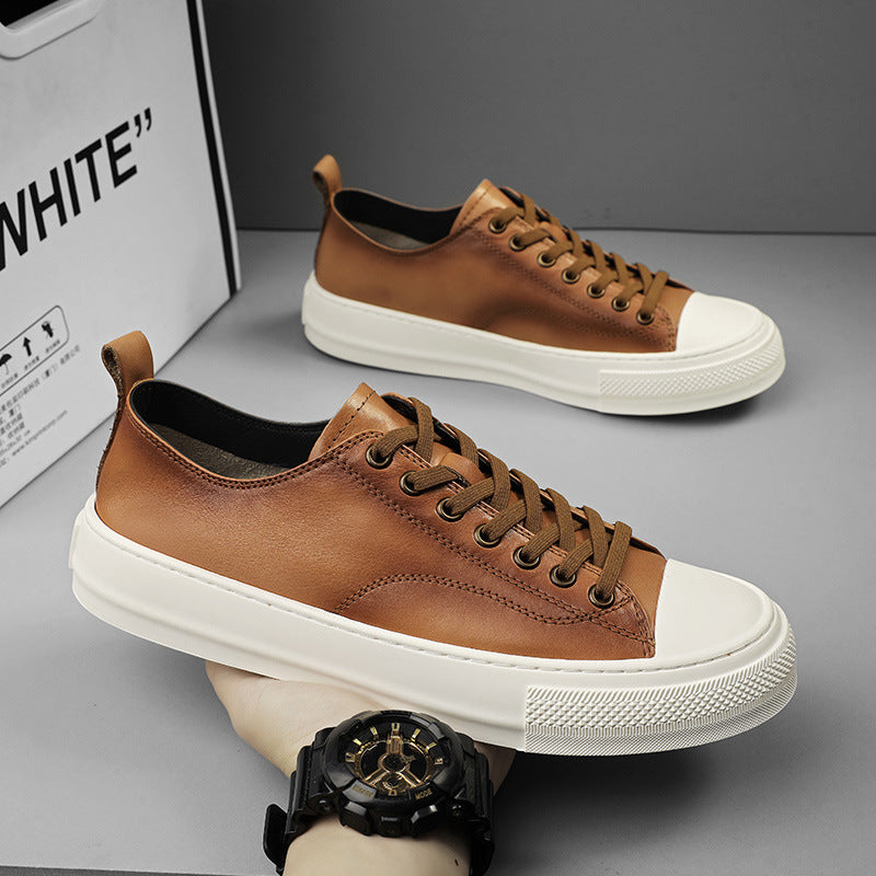 Men's White First Layer Cowhide Daily British Trend Men's Board Shoes