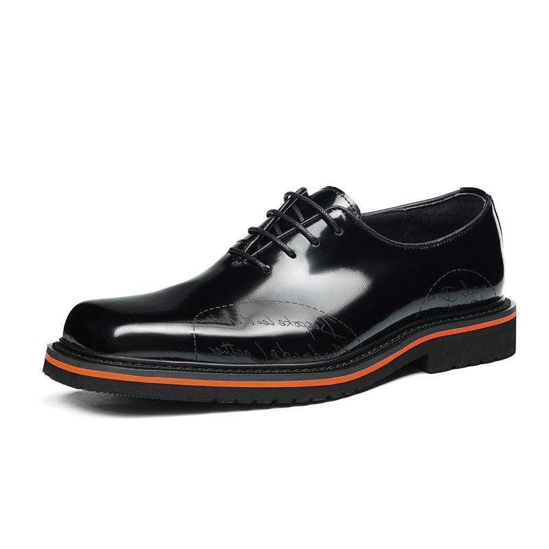 Men's Square Toe British Glossy Slit Beads Carved Formal Wear Full Leather Shoes