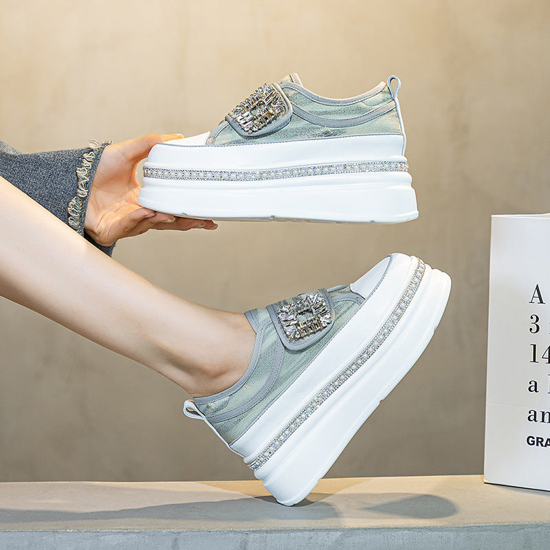 Women's Velcro Small White Autumn Thick Bottom Increased Rhinestone Board Women's Casual Shoes