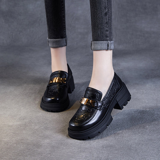 Women's First Layer Cowhide Black Embossed Thick-soled Loafers