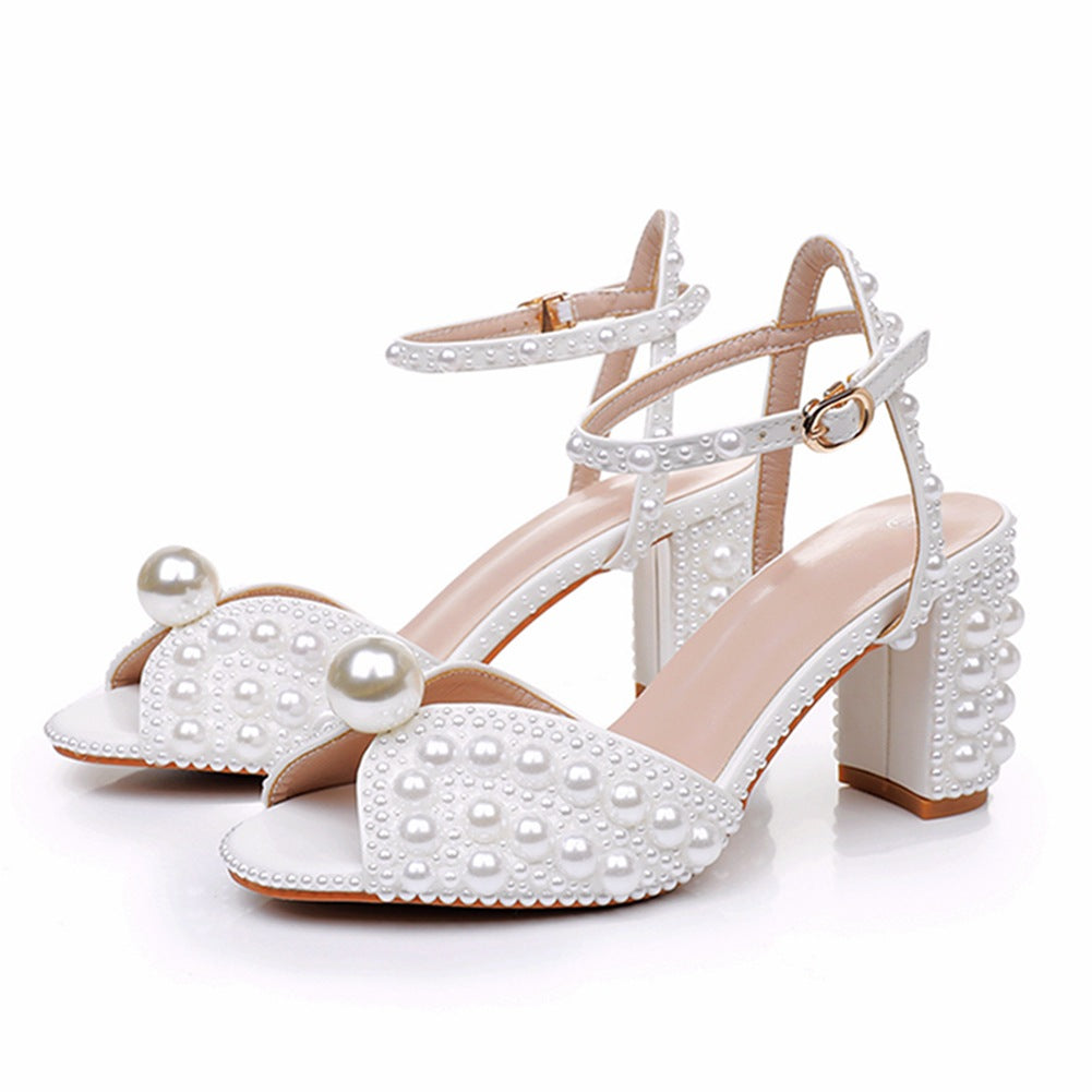 Women's Peep Toe Square Root White Bridal Heels