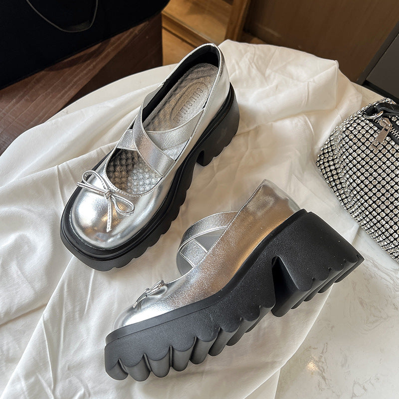 Women's Bow Round Head Fashion Thick Bottom Chunky French Loafers
