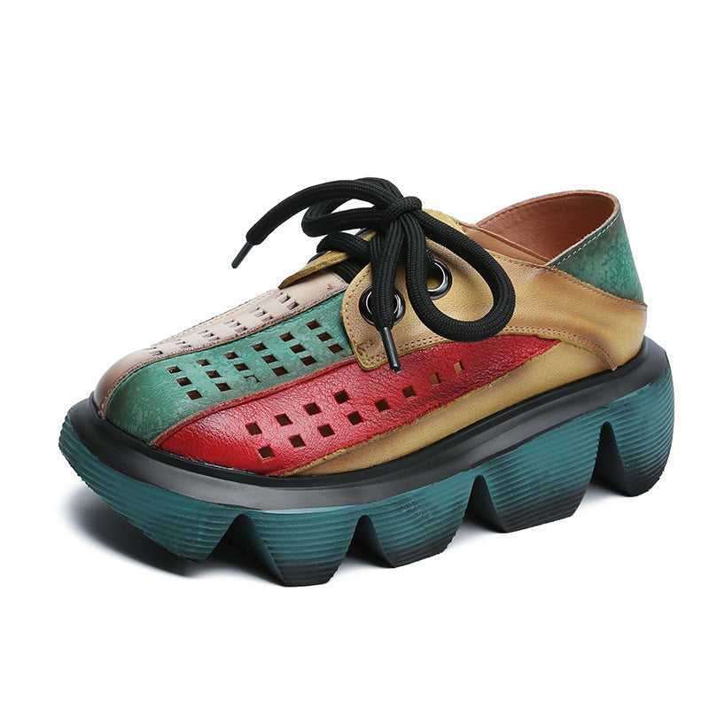 Women's Style Retro Platform Contrast Color Hollow Hole Top Layer Sandals
