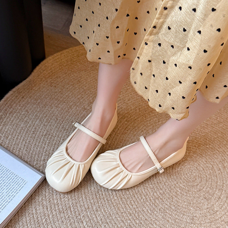 Women's Pleated Mary Jane Flat Big Head Women's Shoes