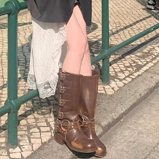 Women's Western Cowboy Punk High Metal Belt Buckle Boots