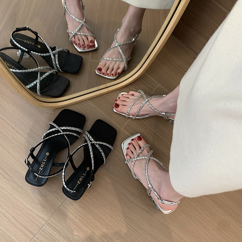 Women's Rhinestone Transparent Sier Crystal Fat Feet Heels