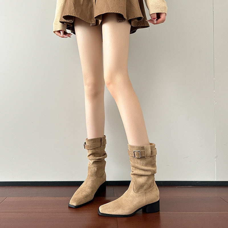 Women's Vintage Suede Short Western Cowboy Chunky Mid Boots