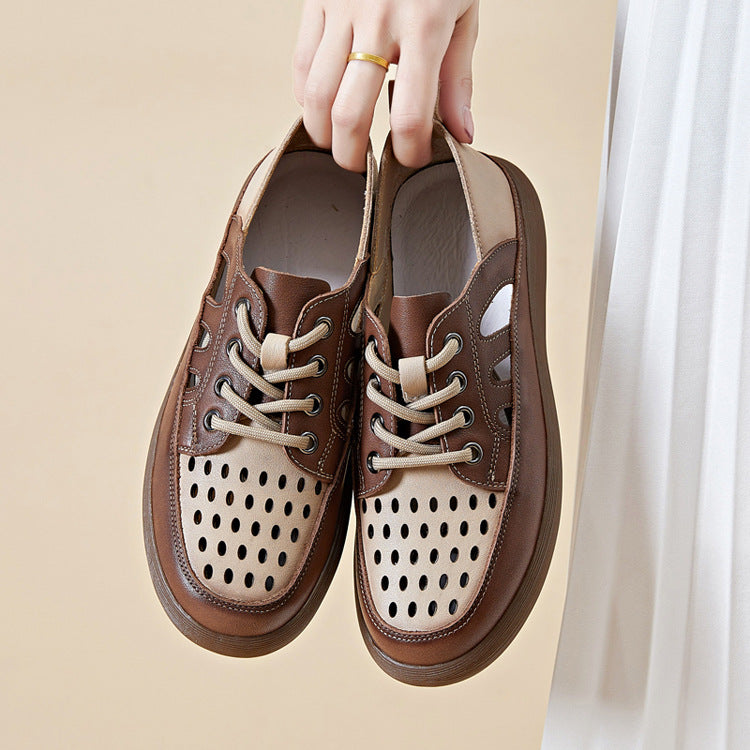 Top Layer Cowhide Hollow Hole Flat Sandals