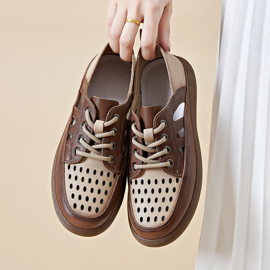 Top Layer Cowhide Hollow Hole Flat Sandals