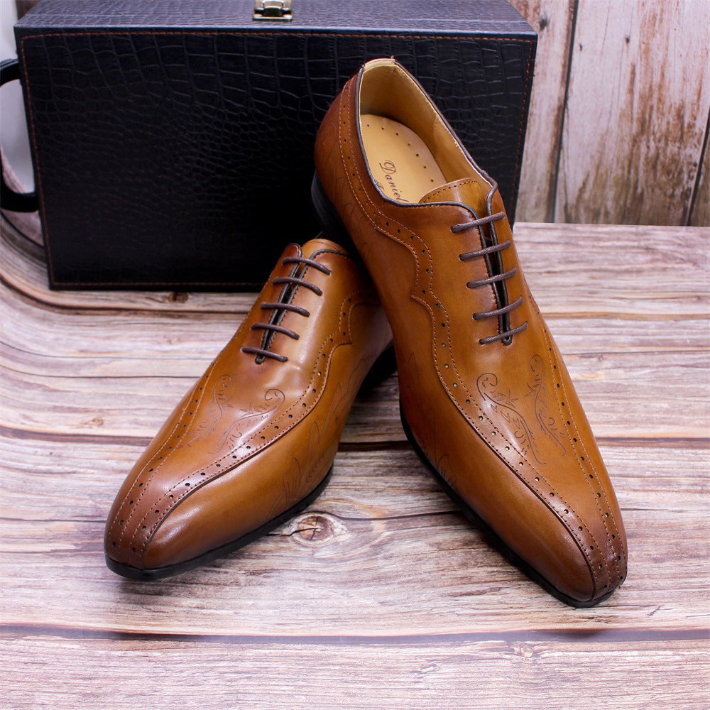 Men's Pointed Business Carved Brown Oxford Leather Shoes
