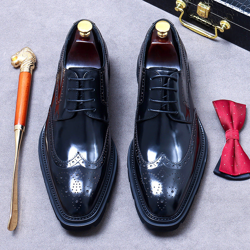 Men's Formal Wear Cowhide Platform Handmade Derby Glossy Breathable Leather Shoes
