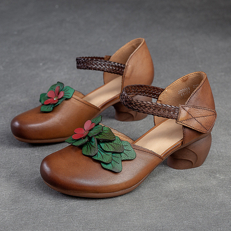 Cowhide Small High Retro Style Velcro Heels