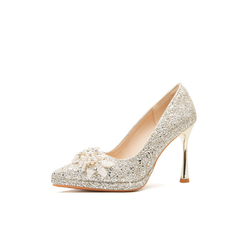 Women's French Style High-grade Champagne Wedding Stiletto Not Heels