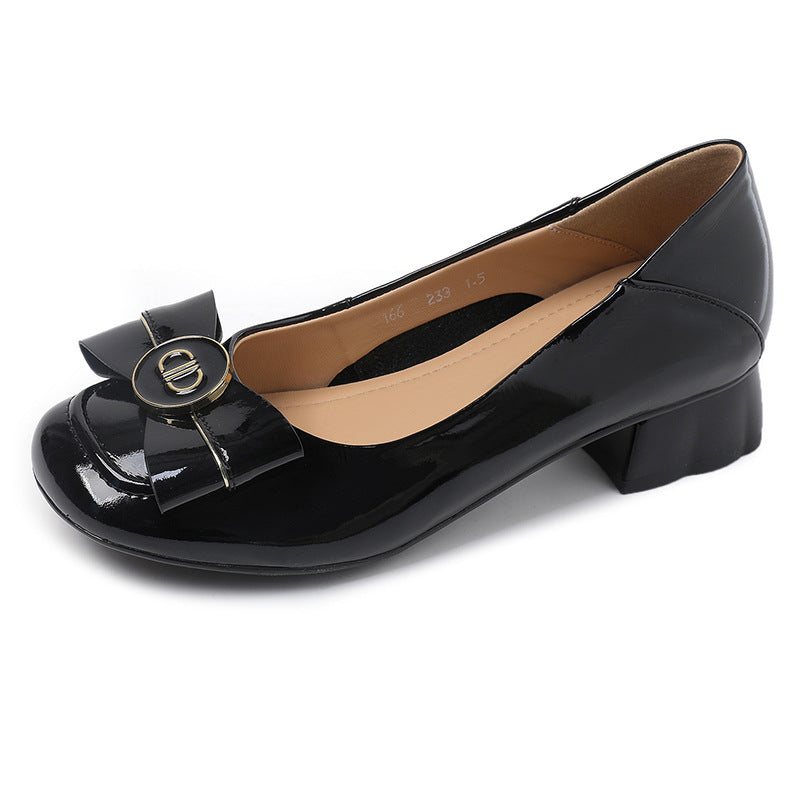 Women's Toe Shallow Mouth Mid Patent Cowhide Comfortable Loafers