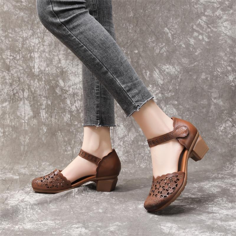 Women's First Layer Cowhide Thick Mid Round Heels