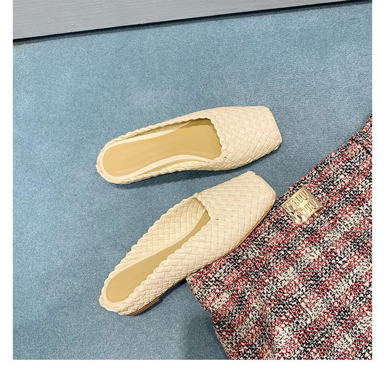 Women's Korean Hand-woven Square Toe Peep Flat Sandals