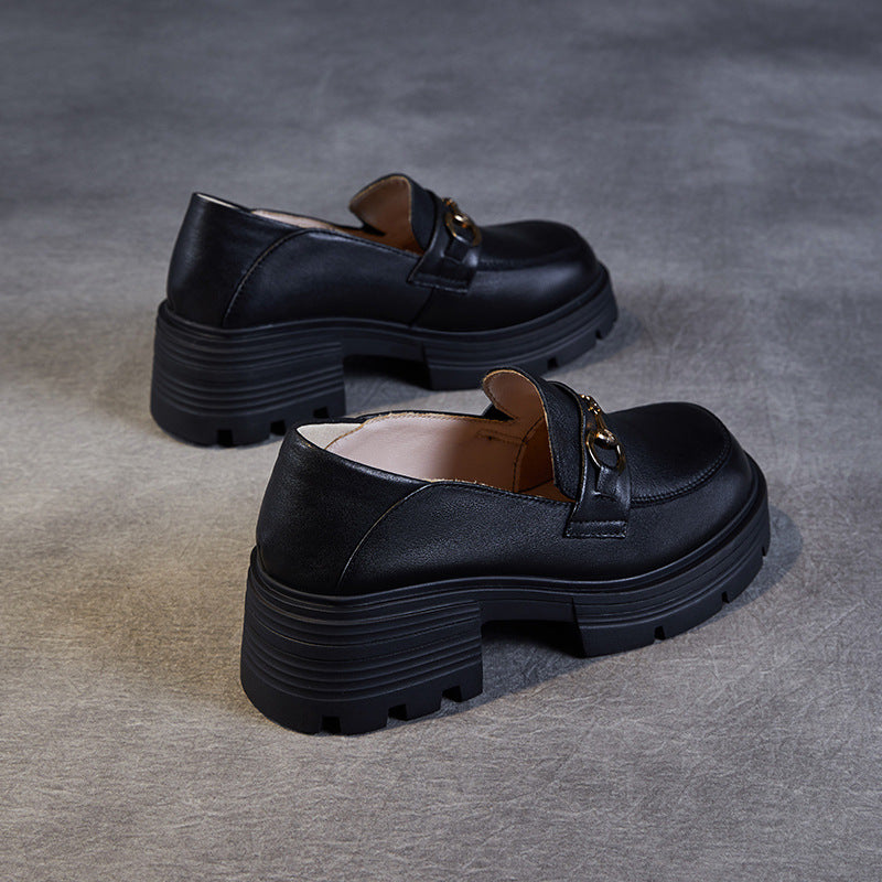 Women's Genuine Platform British Style Mid Uniform Metal Buckle Heightened Loafers