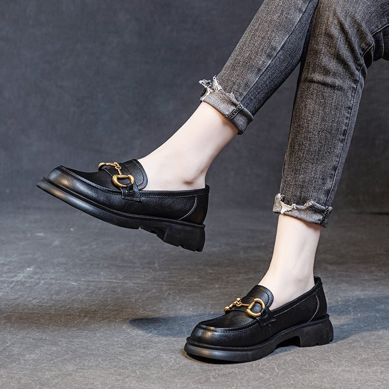 Women's Single-layer Cowhide Metal Buckle Mid Soft Loafers