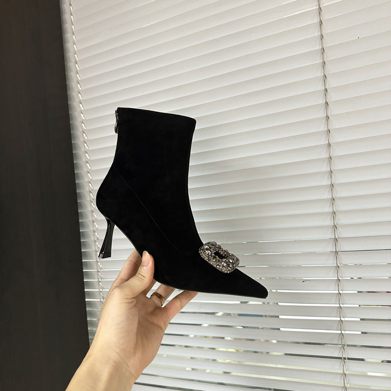 Women's Ankle Rhinestone Square Buckle Stiletto Stretch Thin Boots