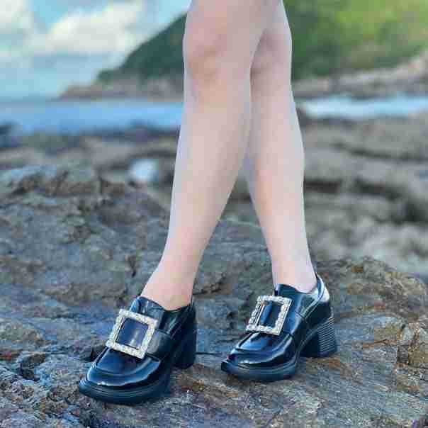Women's Patent Square Buckle Small Genuine Elevator Casual Shoes