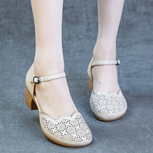 Women's Soft Bottom First Layer Cowhide Retro Heels