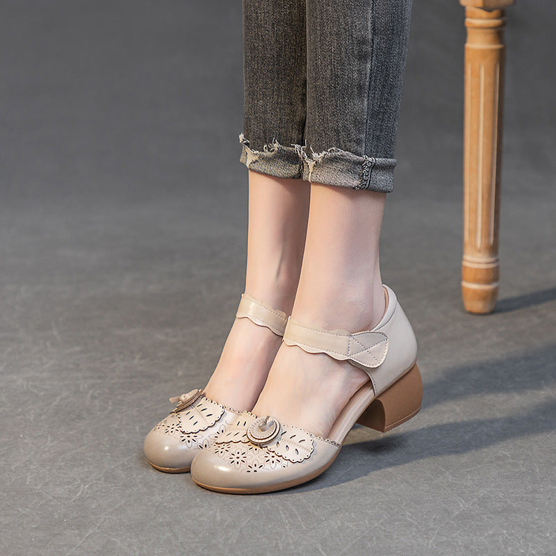Women's Summer Chunky Mid Top Layer Cowhide Retro Rub Colored Heels
